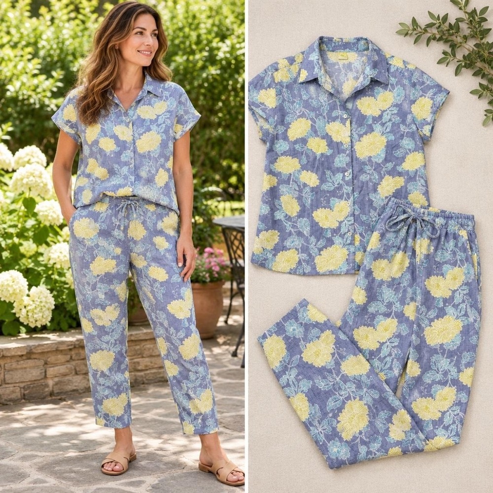 Sigrid Olsen Linen Floral Top Pants 2-Piece Set Women's L/M Blue  Resort Lounge